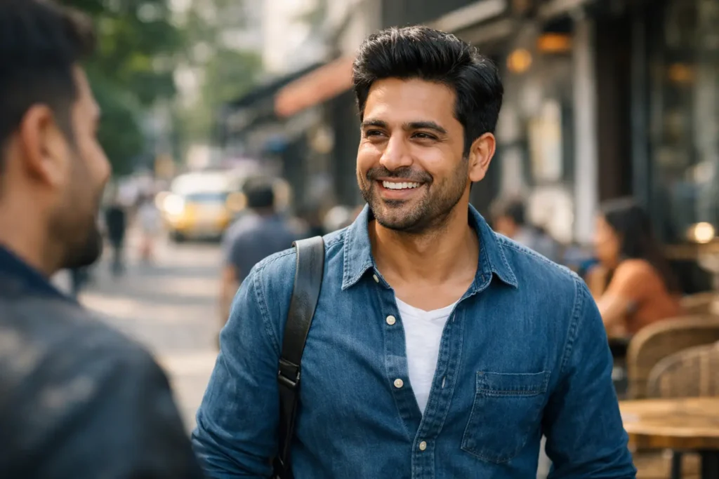 Man with natural-looking results after non-surgical hair replacement in Mumbai, smiling confidently in an outdoor urban setting