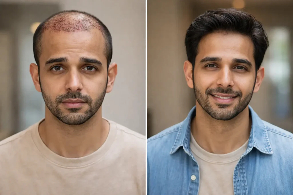 Hair system vs hair transplant day 1 comparison in Mumbai showing immediate results versus post-surgery appearance