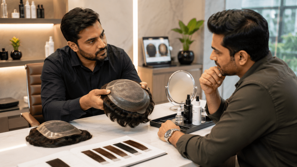 Hair replacement specialist comparing cheap hair systems with a premium custom human hair system during a consultation in a Mumbai clinic.
