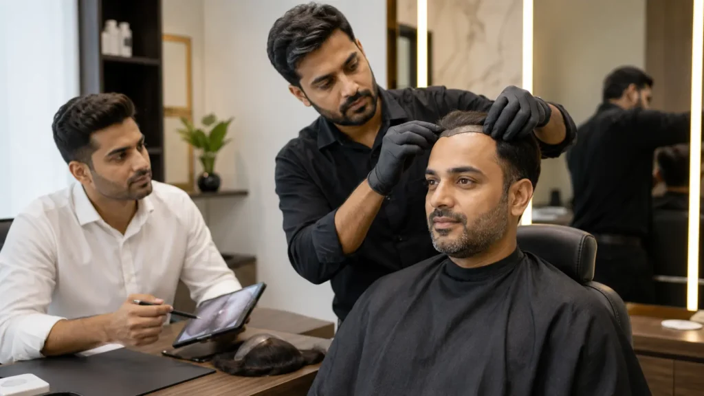 Hair replacement specialist fitting a non-surgical hair system for a client during a consultation in a modern Mumbai clinic.