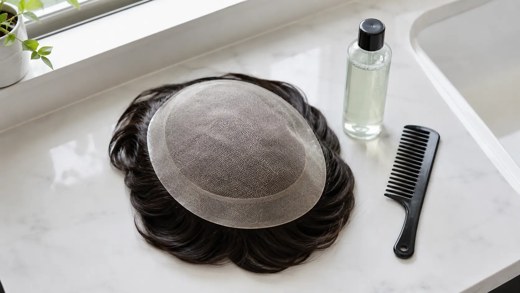 Person cleaning a lace hair system at home with sulfate-free shampoo and a wide-tooth comb on a bathroom counter