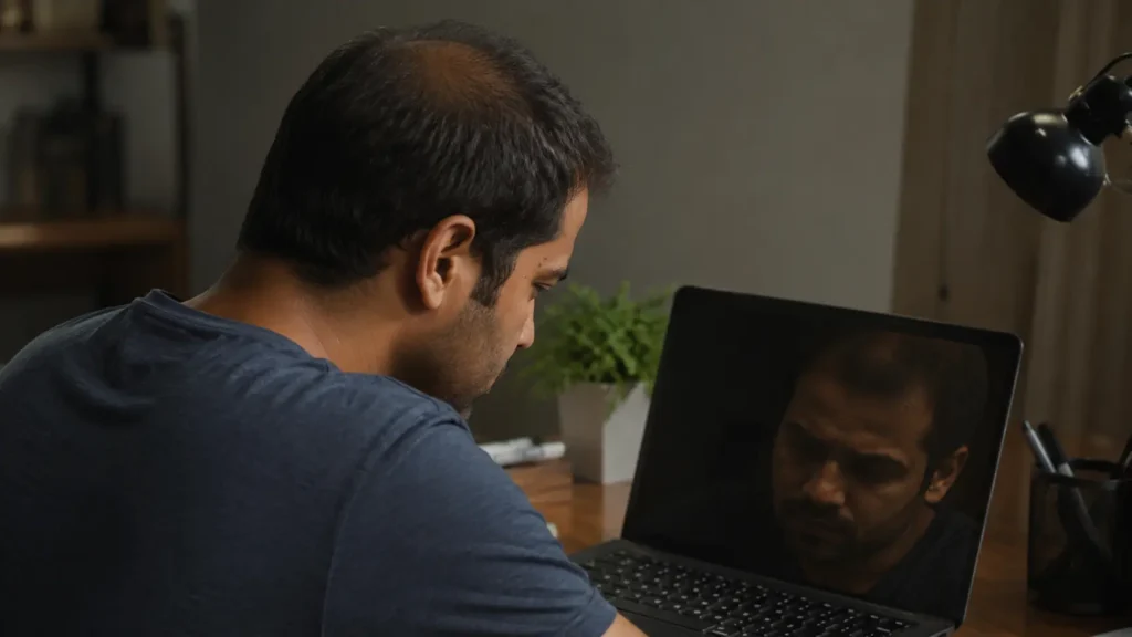 Young man experiencing hair loss while looking into a mirror, representing the emotional and psychological impact of male pattern baldness and reduced self-confidence.
