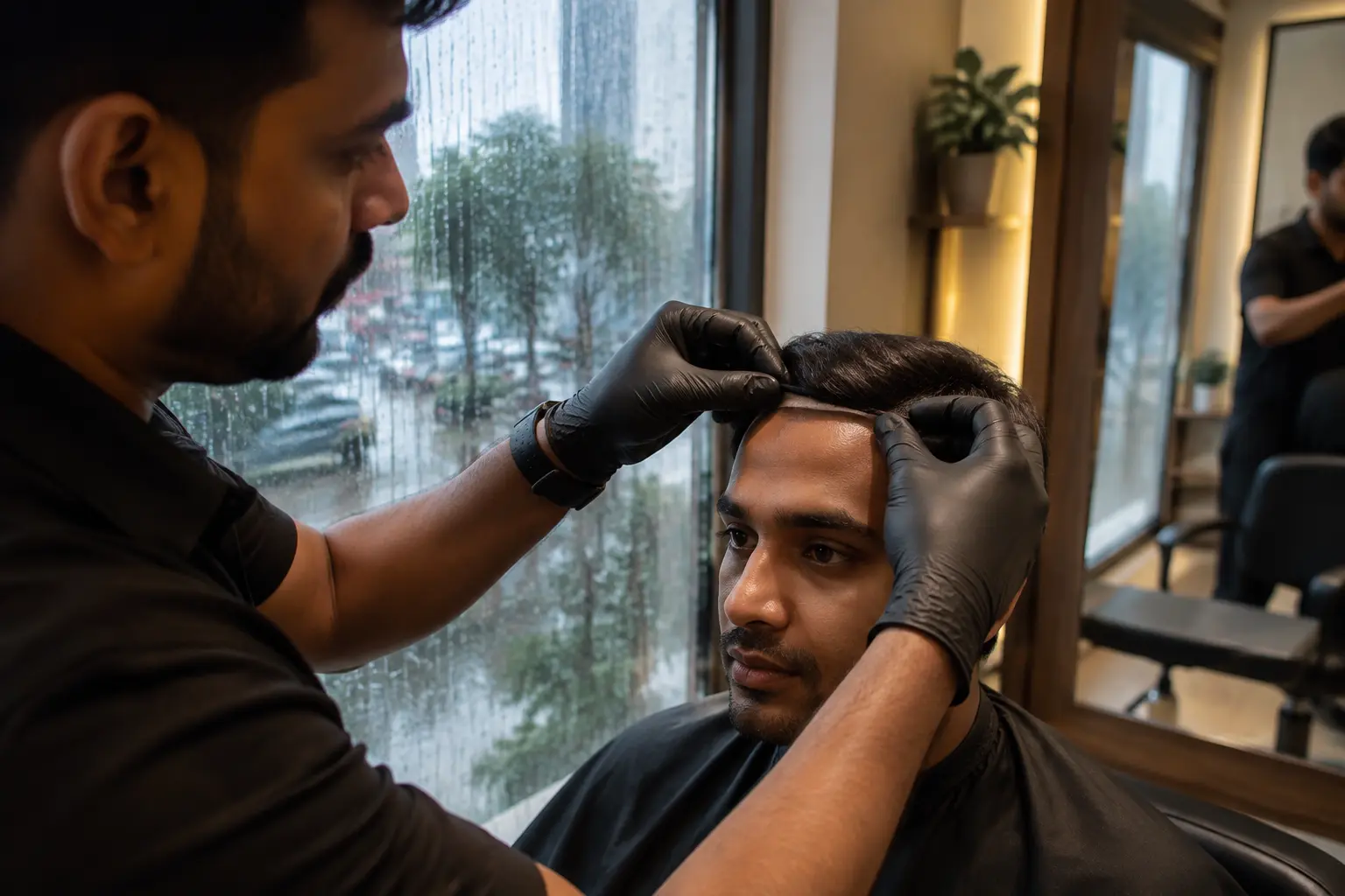 Hair replacement specialist checking a hair system base for lifting during Mumbai monsoon season