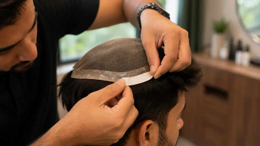 Specialist applying tape to attach a hair system during a Mumbai fitting.