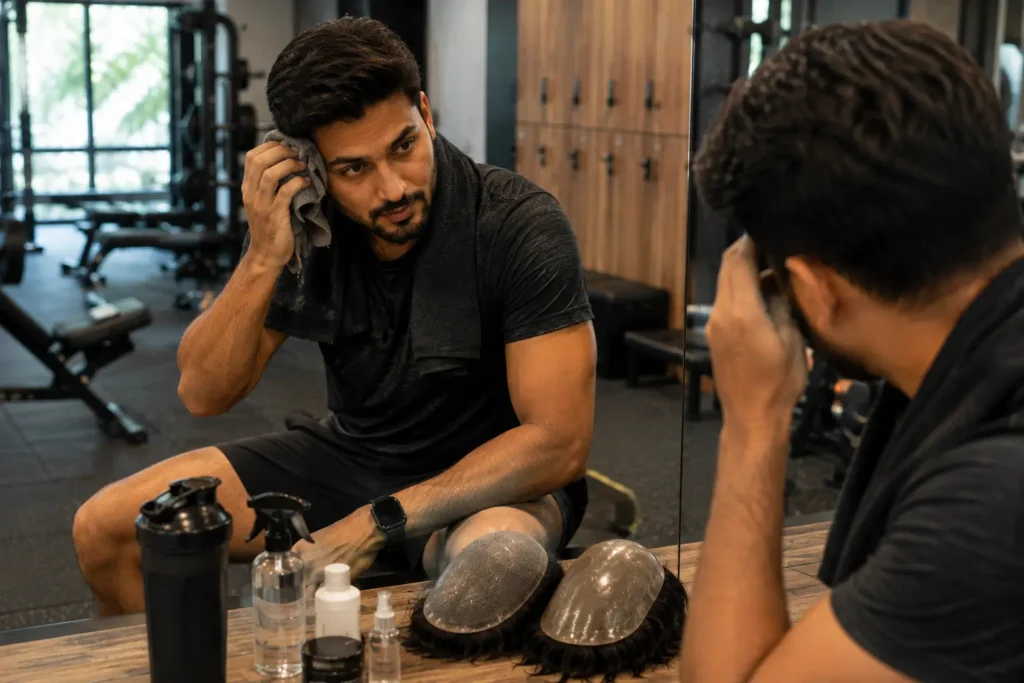 Discussing swimming and gym care for a hair system at a Mumbai consultation.