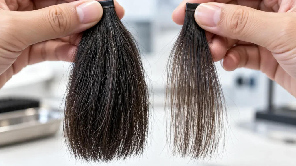 Close-up comparison of Indian hair and European hair texture used in hair systems