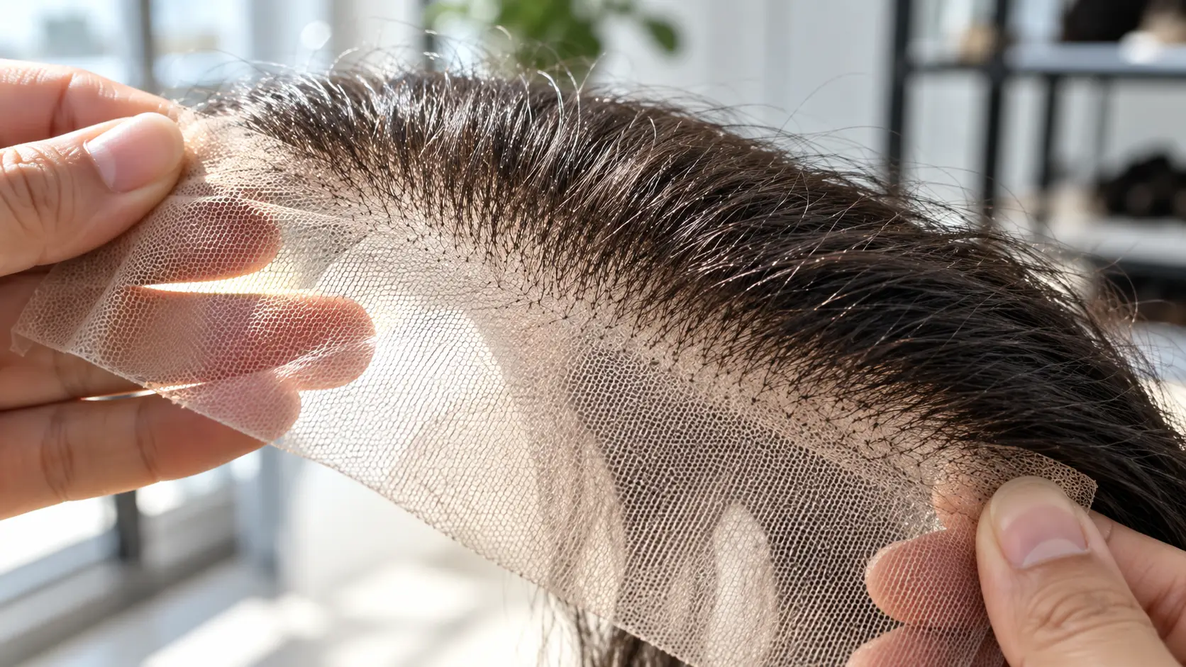 Close-up of a lace front hair system panel showing hand-tied knots and mesh texture